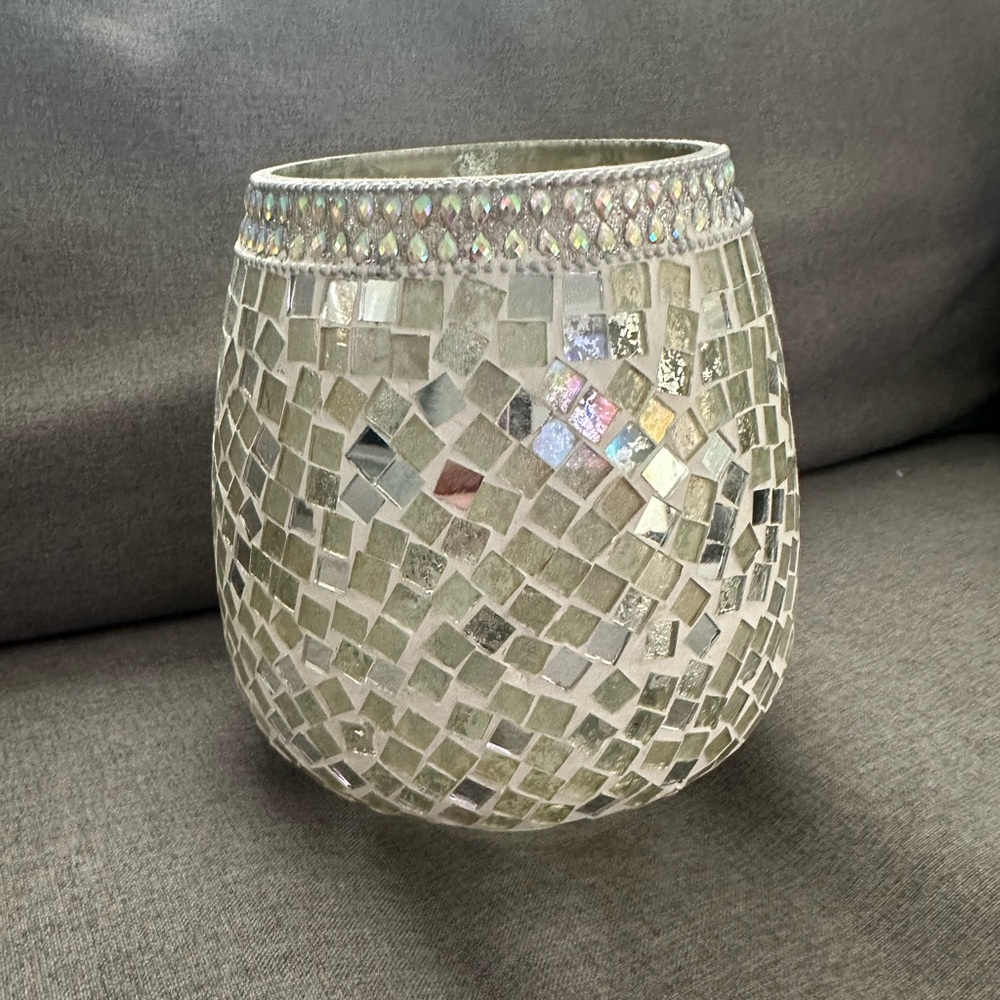 NEW At Home Mosaic Glass Gray Silver Candle Holder